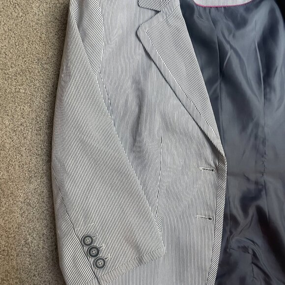 3/4 sleeve business jacket, navy blue and white vertical stripes, medium - Picture 3 of 4